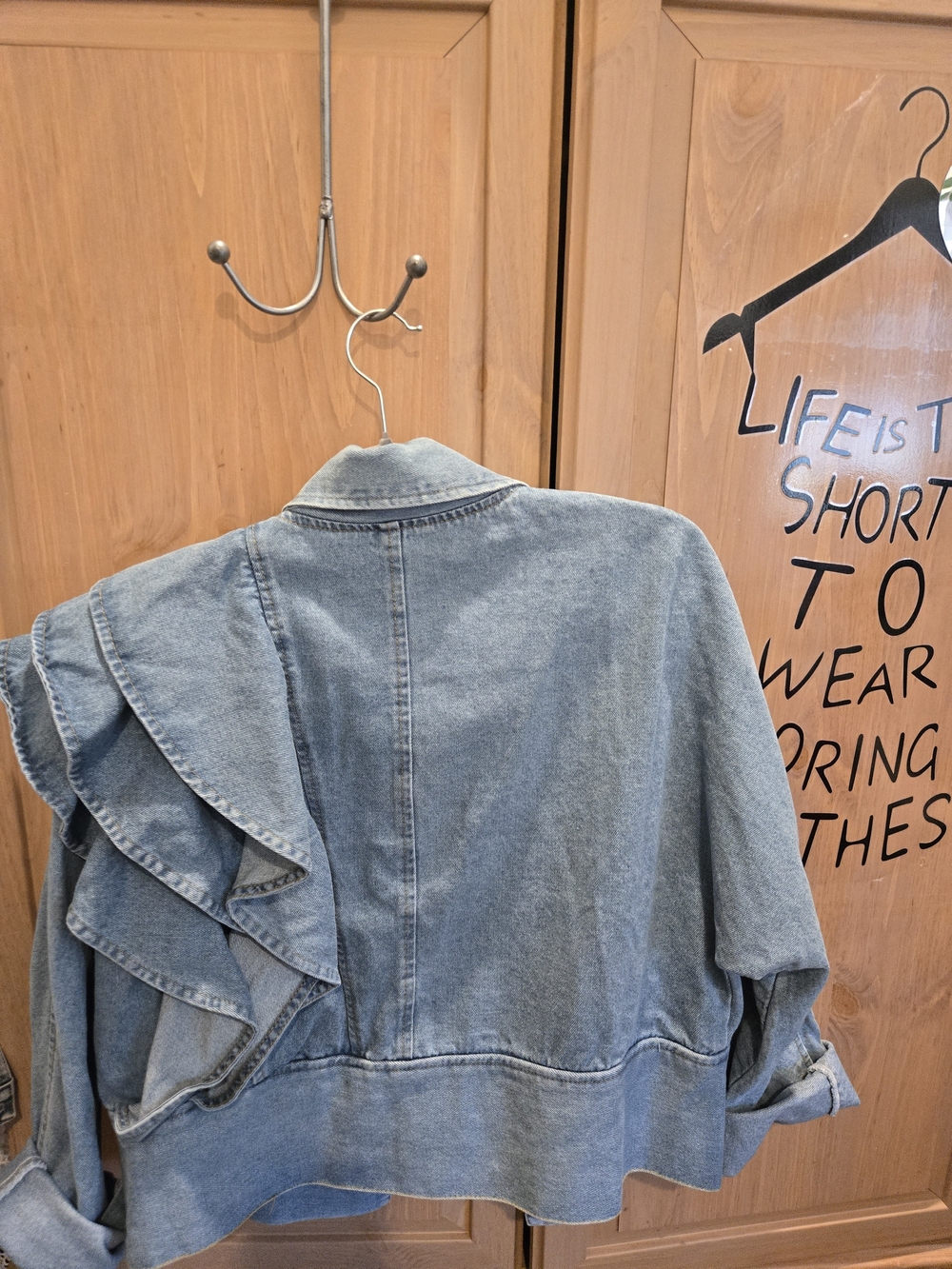 Light Blue Denim Jean Jacket with Ruffled Shoulder - Picture 3 of 3